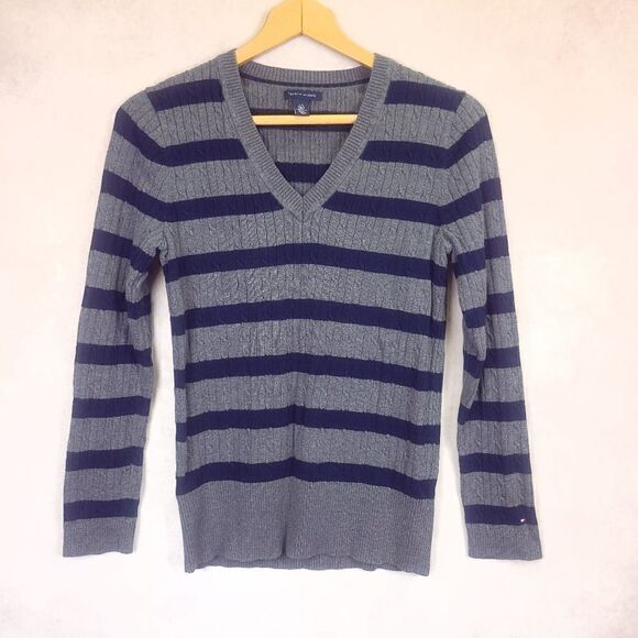 Tommy Hilfiger Gray Blue Striped Cable Knit V Neck Sweater Size Large - Picture 3 of 8